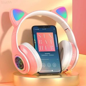 Cell Phone Earphones LED Cute Cat Ears Headphones Bluetooth Wireless Headset with Mic TF FM Kid Girl Stereo Music Earbud Kitten Earphone Gift L230914