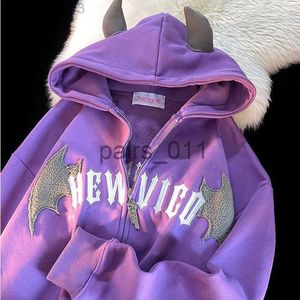 Felpe con cappuccio da uomo 2023 Felpe con cappuccio da uomo Felpe Hip Hop Dark Bat Wing Devil Horn Gothic Zip Up Felpa con cappuccio Giacca Uomo Donna Felpa Kawaii Abbigliamento Harajuku Wint