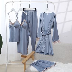 Damen-Nachtwäsche Hiloc Quastenspleißen Damen-Pyjama Rosa Satin Damen-Nachtwäsche mit Gürtel Sexy Pyjama-Sets mit V-Ausschnitt und Hosen Lose Fünfteiliges Pyjama-Set