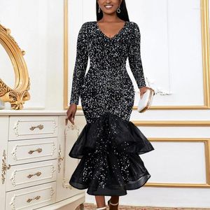 Casual Dresses Elegant Autumn Black Sequin For Women Long Sleeve Glitter Velvet Flare Ruffle Mermaid Patchwork Maxi Party Dress