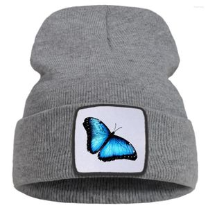 Береты, крутая синяя бабочка с индивидуальным принтом, мужские зимние шапки в стиле хип-хоп, сохраняющие тепло, повседневная женская вязаная шапка, мягкая модная шапка для подростков