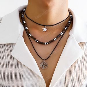 Piccole perline di legno e catena di corda con stelle / collana con ciondolo albero da uomo catena di perline alla moda sul collo accessorio 2023 gioielli di moda