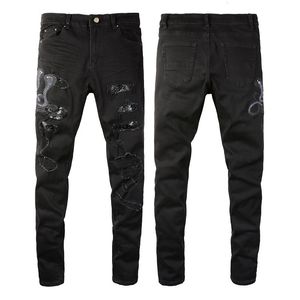 Sokotoo męski wąż haftowane czarne rozryte dżinsy szczupłe chude dziury Patchwork Stretch Denim Pants T200614