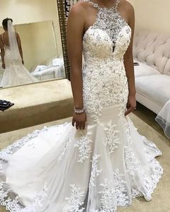 Wedding Dresses White Bridal Gowns Ivory Formal Mermaid Trumpet O-Neck Sweep Train Applique Tulle Beaded Crystal Zipper Lace Up Plus Size New Custom Sleeveless