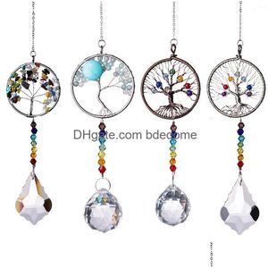 Hängen Tree of Life 7 Chakra Crystal Ball Window Wall Hanging Pendant Chandelier Home Decor Christmas Prism Ornament Drop Delivery Dhfey