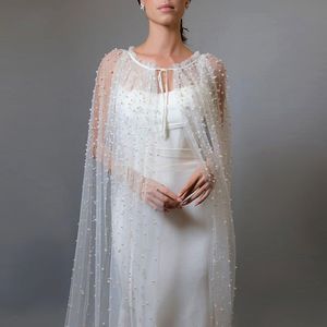Luxo barato romântico pérolas tule capa de noiva marfim branco longo capas de casamento com tule casamento nupcial envolve manto de noiva