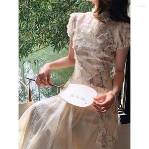 Etnik Giyim Çin Elbise Geleneksel Qipao Cheongsam Yaz Zarif Nakış Parçalanmış Çiçek Uzun Peri Kadın Giysileri