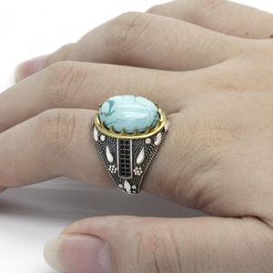 Klaster Pierścienie Turkusowe mężczyźni Ring 925 Sterling Srebrny Big Natural Blue Stone z czarnym CZ Vintage Life Track for Women Fine Jewelry