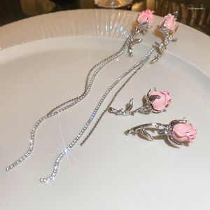 Dingle örhängen u-magiskt temperament rosa rose blomma växt metallöar för kvinnor fairy long tofsel strass kedje smycken smycken