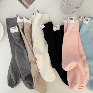 Women Socks Japanese Women's Macaron Solid Color Trend Mid-tube Cotton English Letters Followed By Cloth Label Candy Pile