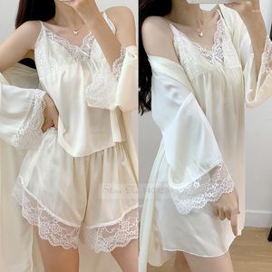 Kvinnors sömnkläder Summer 4st Pyjamas Set For Women Sexy Patchwork Lace Kimono Bathrobe Nightgown Thin Soft Silk Satin Nightwear Loose Home