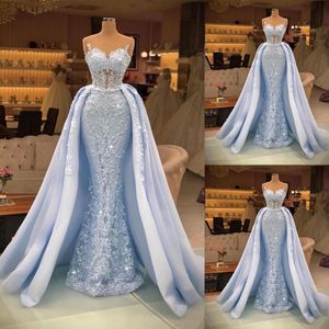 Sky Blue Mermaid Prom Dress 3d Floral Applicants Axless Beads Evening Dresses Birthday Party Special Endast GOWNS293G