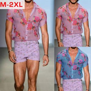 Camisas casuais masculinas homens rosa ver através de flor laço puro verão sexy transparente camisa floral homens festa nightclub chemise 222h