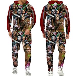 Abiti da coppia stampati in 3D per uomo e donna Halloween Clown Party Abbigliamento casual Lupo Moda Felpa con cappuccio e pantaloni Tuta da allenamento001