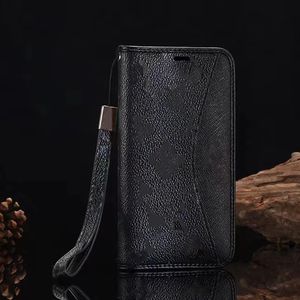 iPhone 15 11 Pro Max Designer Telefonfodral för Apple 14 13 12 XR XS 8 7 Plus Luxury Leather Wristband Lanyard Strap Wallet Card Holders Pockets Flip Covers Black Big Flower