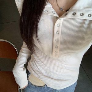 Women's Sweaters Y2K High Street Women 2023 Gray White Button Up Bottoming Pullover Woman Slim Fit Long Sleeve Knitted T-Shirt