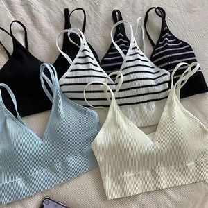 Camisoles tanques feminino sem costura sutiã sem fio roupa interior dupla alças bralette colete acolchoado sutiã sexy com decote em v com nervuras malha colheita