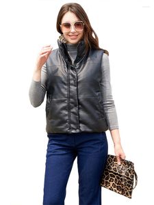 Women's Vests Vest Women Black Leather Sleeveless Waistcoat 2023 Spring Fashion Short Slim Stand Collar Outwear