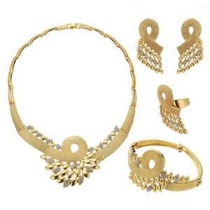 Halsbandörhängen Set Gold Ring Armband Party African Dubai Bridal Wedding Presents grossistsmycken