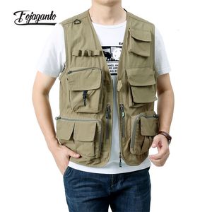 Mäns västar foJaganto Men Summer Cargo Vest Solid Color Casual MultiCocket Outdoor Sports Vneck Loose Thin Quickdrying 230914