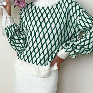Kobiety swetry Zielony, ponadprzezroczysty sweter w kratę dla kobiet 2023 jesień zima miękkie ciepłe puloby pół -golf dzianinowy top z Rhomb Skofers 230912