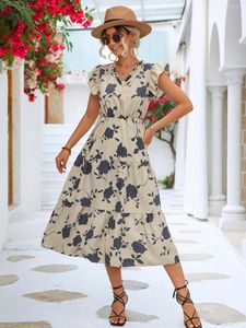 Casual Dresses Chichaca Black Flower Print Apricot Summer Flying Sleeve Women Beach Long Dress Elastic midja Baksidig ärmlös Vestido