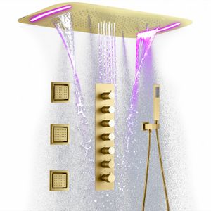 71 * 43 cm Badezimmer-Luxus-Regenwasserfall-LED-Duschsystem aus gebürstetem Gold an der Decke, verdeckt montiertes Thermostat-Duschset