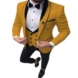 Terno masculino amarelo slim fit, 3 peças, smoking de baile, xale, lapela, colete duplo breasted, blazer, festa de casamento, jaqueta, colete pa214m