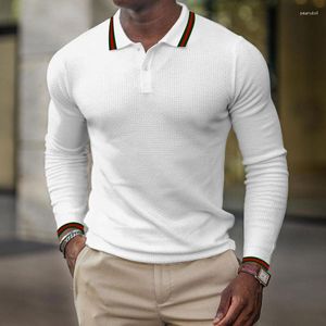 Polos masculinos cor sólida magro manga longa camisa polo streetwear turn down botão respirável t 2023 roupas de luxo M-4XL