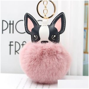 Adorável pompom bldog chaveiro fofo coelho bola de pele cão charme chaveiro de couro saco feminino carro chaveiro entrega direta