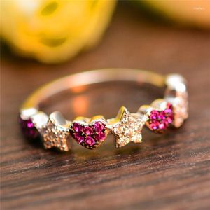 Cluster Rings Cute Female Crystal Rose Red Stone Ring Real 925 Sterling Silver Star Heart Boho Promise Engagement For Women