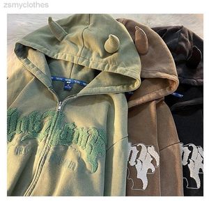 Zipper hoodie cute horn letter embroidery hooded cardigan street sports sweater men and women retro oversize jacket Y2K autumn197a