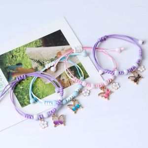 Charm Bracelets Boho Cute Sweet Pink Butterfly Flower Bracelet For Women Weave Rope Animal Pendant Bangle Korea Trendy Jewelry Accessories