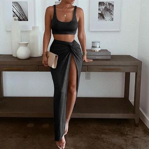 Urban Sexy Dresses Casual European och American Classic Women's Strap Tube Top Long Solid Color High Split Twopiece Suit