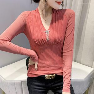 Women's T Shirts Bright Silk Mesh T-shirt Women V-Neck Thin Tight Long Sleeve Tees Female Autumn Sexy Basic Top