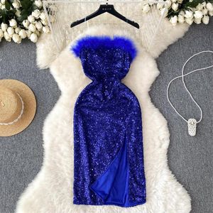 Casual Dresses Foamlina Women Sexy Faux Fur Sequined Party Dress Summer Blue Sleeveless Backless Slim Front Split Knee Length Club Vestidos