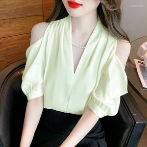 Women's Blouses Elegant Fashion White Satin Shirt Off Shoulder Office Lady Tops V-neck Summer Short Sleeve Women Blouse Blusa