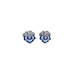 Authentic Pando Ra Blue Pansy Flower Stud Earrings S925 Sterling Silve Fine Women Earring Compatible European Style Jewelry 290781C01 Earring