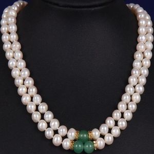 2 rad 8-9mm South Sea White Green Jade Mother Pearl Necklace Yellow Clasp177U