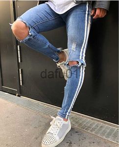 Män jeans herrar blå rippade hål jeans sida randig mager rak smal elastisk denim fit jeans manliga mode långa byxor jeans234j x0914