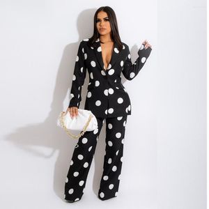 Calças femininas de duas peças preto branco polka dot print womens blazer ternos casual entalhado jaqueta de manga longa e calças soltas retas