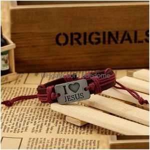 Identification Retro I Love Jesus Id Bracelet Heart String Adjustable Leather Bracelets Bangle Cuff For Women Men Fashion Jewelry Will Dhvql