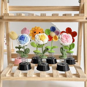 Decorative Flowers Hand-woven Rose Artificial Knitted Sunflower Decor Auto Dashboard Interior Trembling Handicrafts Home Car Accessory