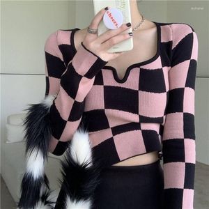 Women's Sweaters Y2K Korean Style Plaid Pink Cropped Sweater Womens Harajuku White Knitted Crewneck Jumper Pullover Female Slim Sexy Top