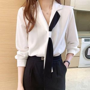 Kvinnors blusar mode casual elegant lady office work skjortor toppar vita blus kvinnor slå ner krage långärmad skjorta