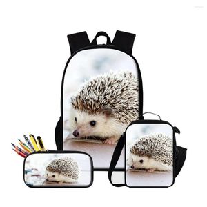 Torby szkolne 3PCS/Zestaw Casual Cute Hedgehog Print Backpack Large Pojemność Kid Podstawowa z torbą ołówkową Lunchbox Student Bookbag