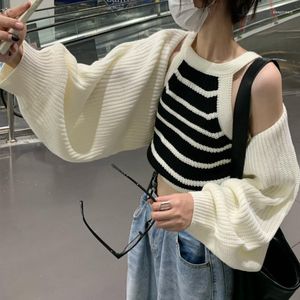 Women's Knits 2023 Autumn Streetwear Loose Casual Long Sleeve Cardigan Women Contrast Color Striped Sexy Knitted Camisole Two-Piece Suit