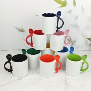 Mugs USA Local Warehouse 11oz SubliMation Ceramic Mug with Spoon Blank White Coffee Heat Transfer Inner Coloured Cup Handle Individion DHGT7