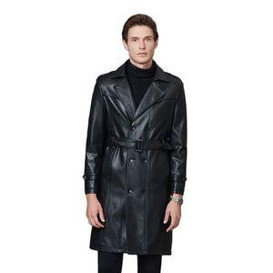 Мужские кожаные куртки из искусственной кожи 2023, осенне-зимние винтажные длинные черные куртки, Тренчи, мужские деловые классические ветрозащитные пиджаки из искусственной кожи, пальто с поясом 230912