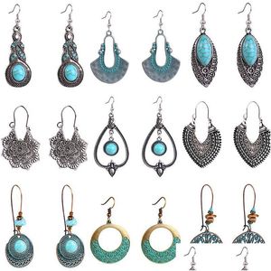 Charm Boho Femme Turquoise Earrings Antique Gypsy Indian Tribal Ethnic Hoop Dangle Mandala Drop Delivery Jewelry Dha4S